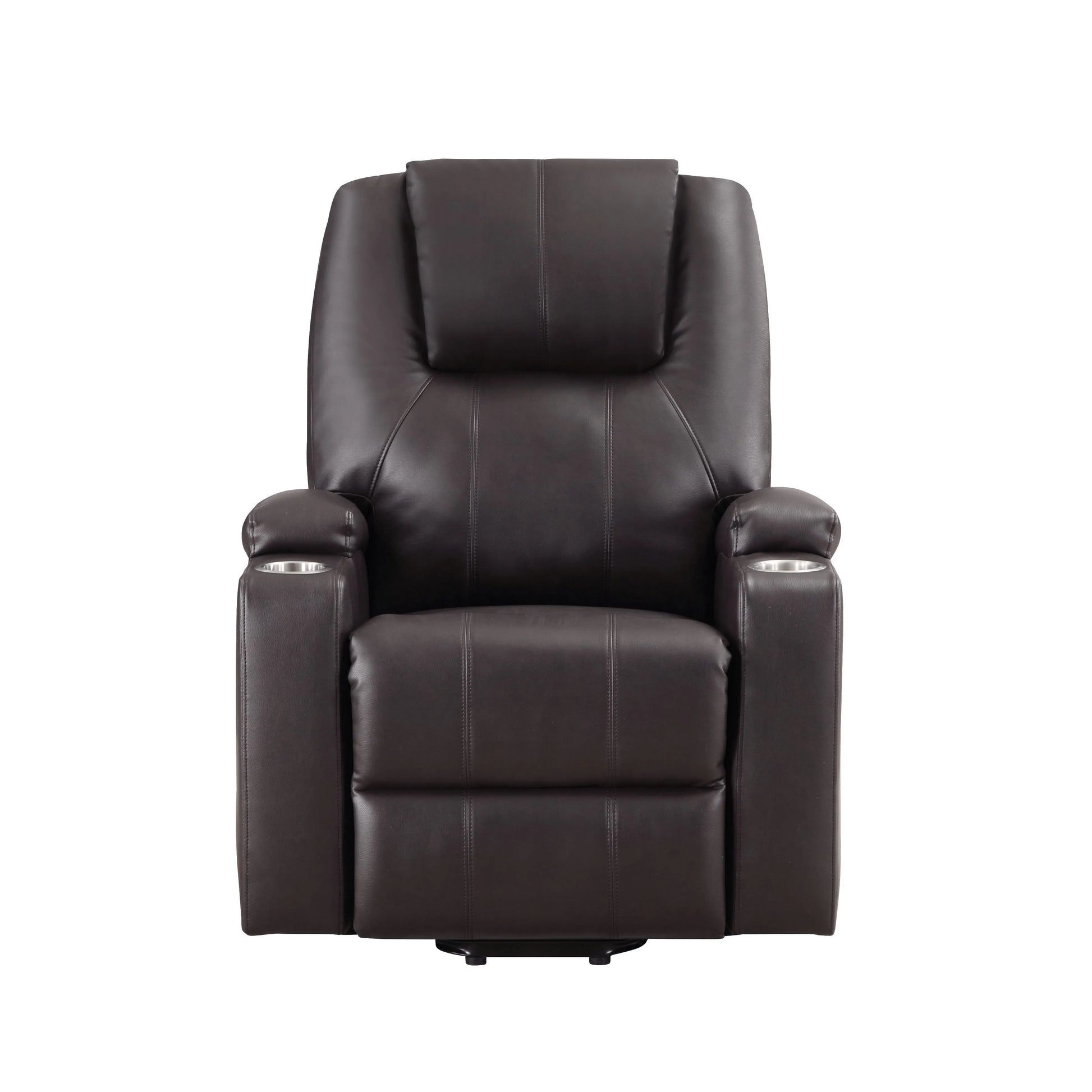 Front view of a brown leather recliner chair on a white background