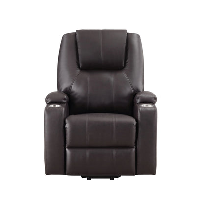 Front view of a brown leather recliner chair on a white background