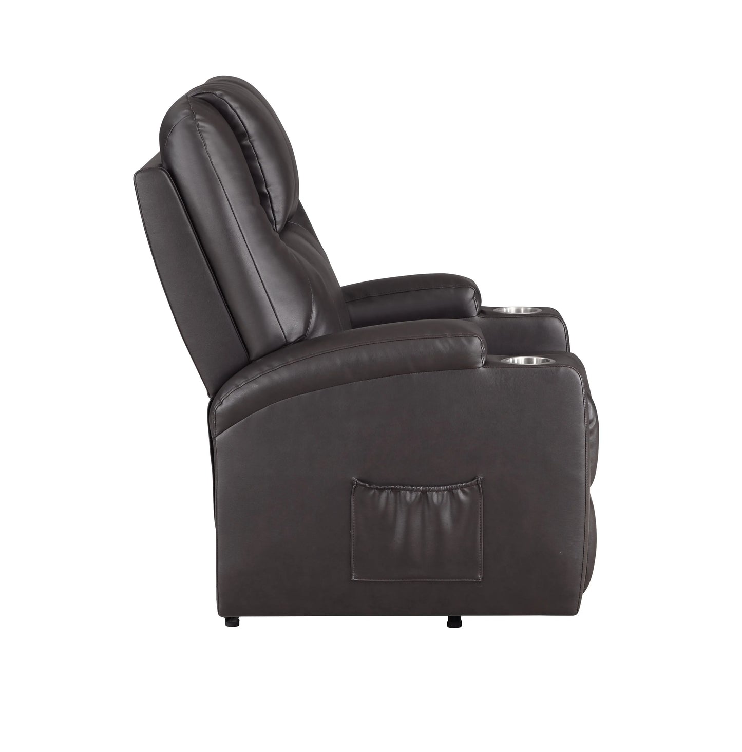 Side view of a brown leather recliner chair on a white background