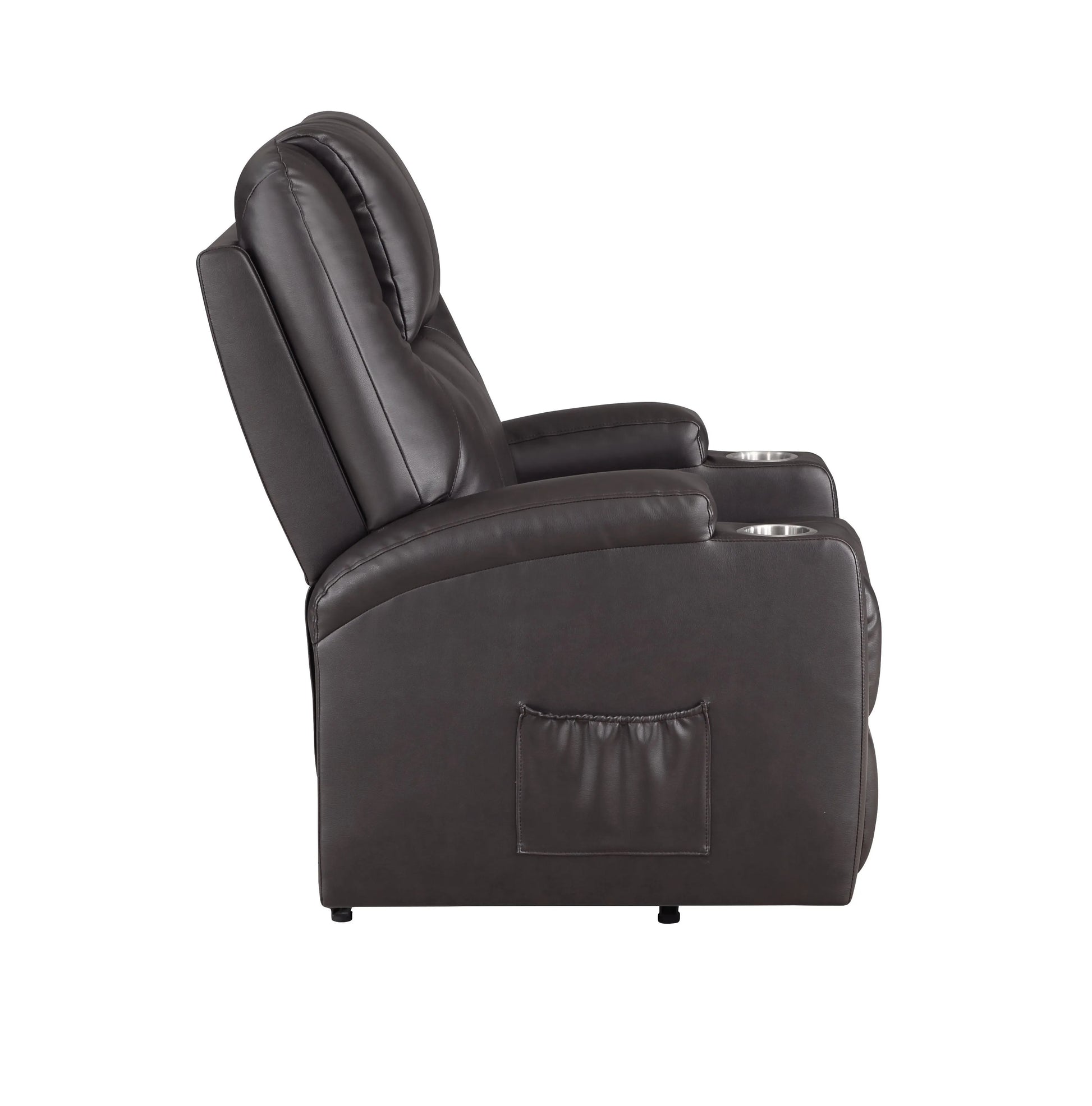 Side view of a brown leather recliner chair on a white background