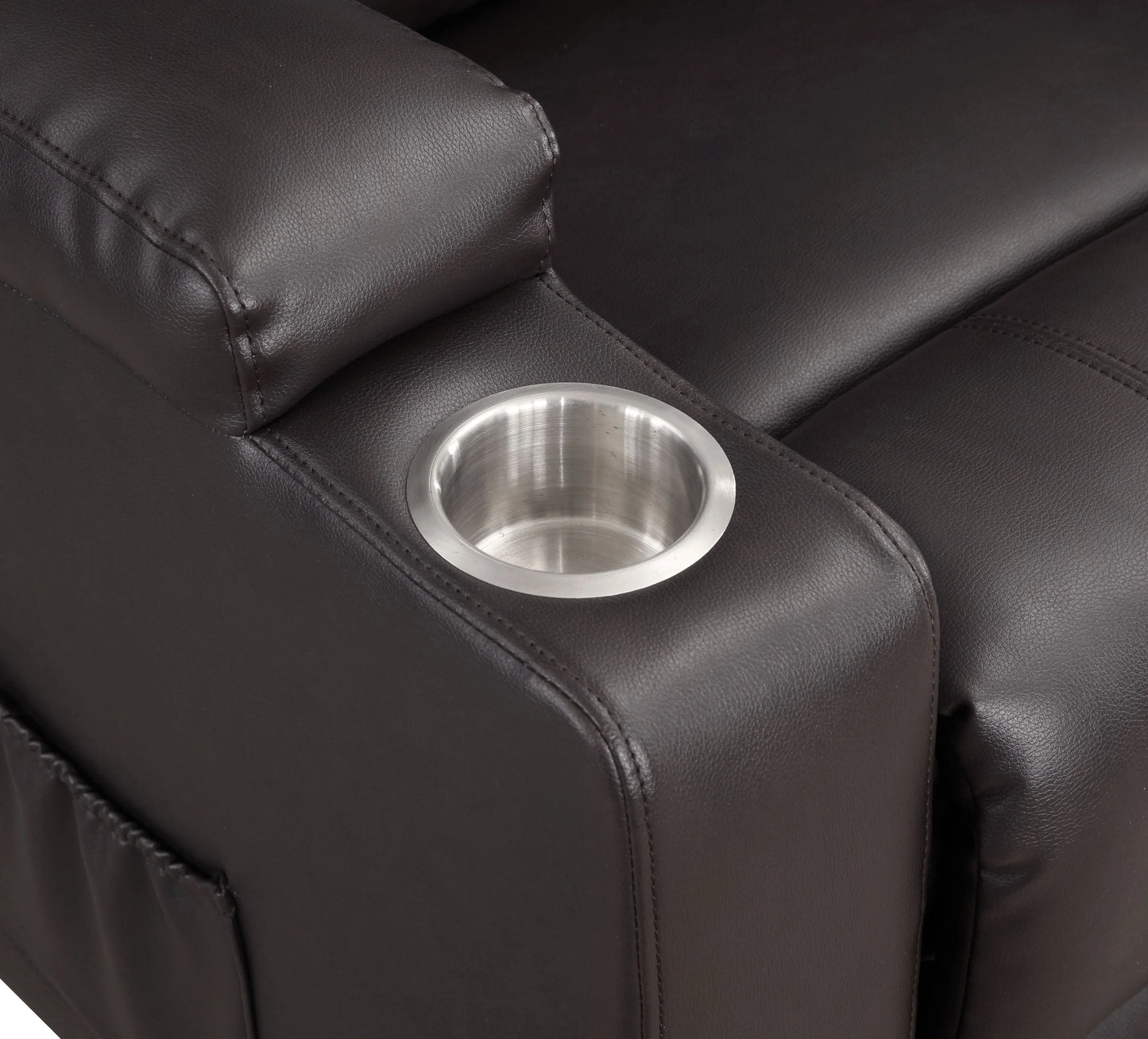 Stainless steel cup holder embedded in a brown leather recliner armrest.
