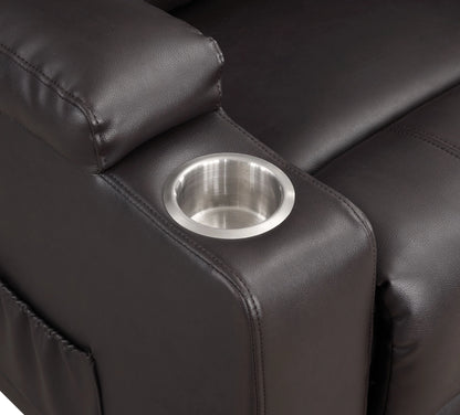 Stainless steel cup holder embedded in a brown leather recliner armrest.
