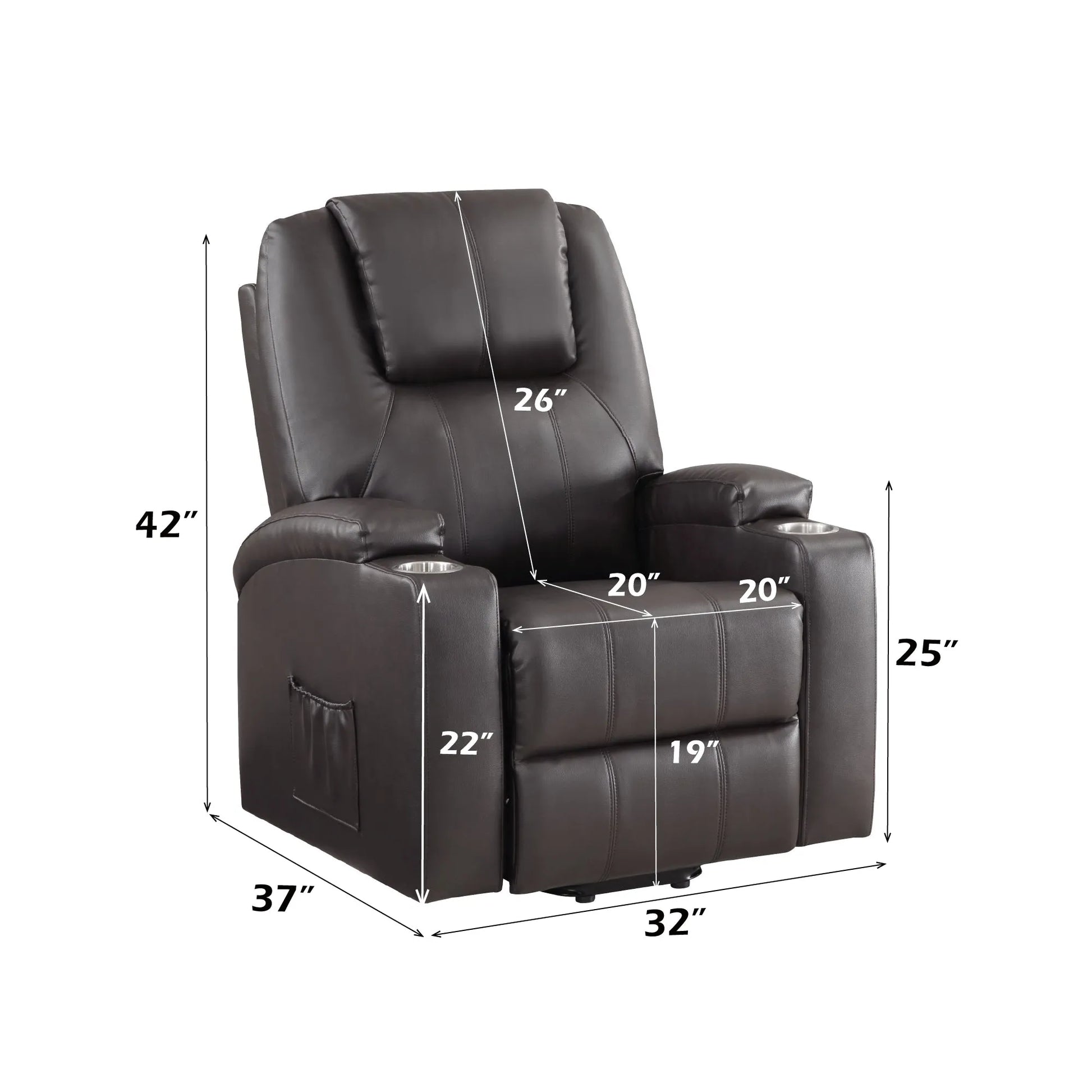Brown recliner chair with dimensions labeled on a white background