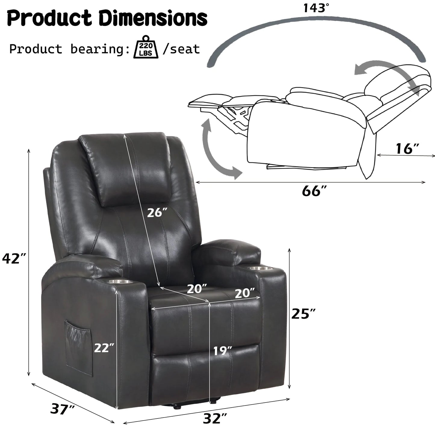 Black leather recliner chair with dimensions labeled on a white background