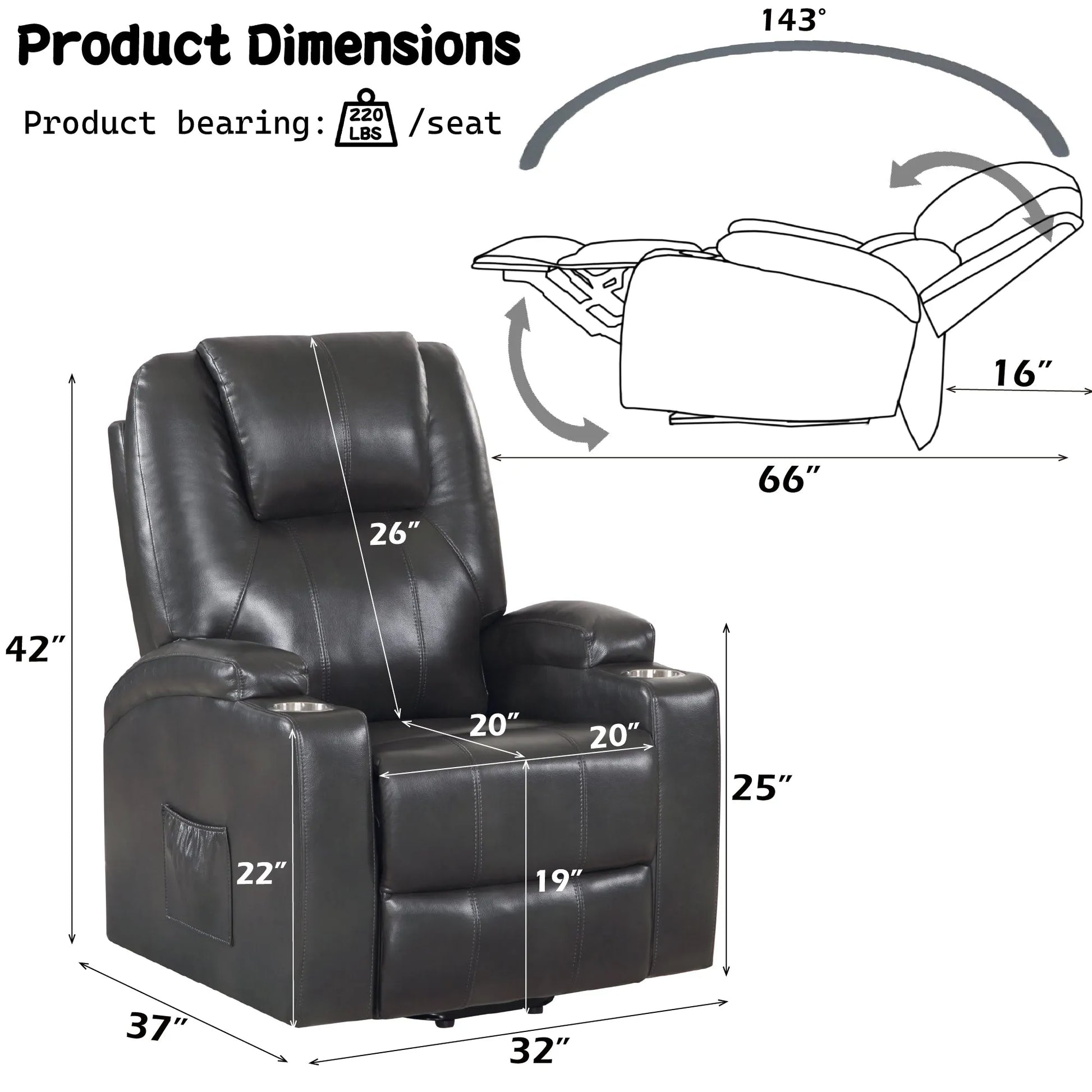 Black leather recliner chair with dimensions labeled on a white background