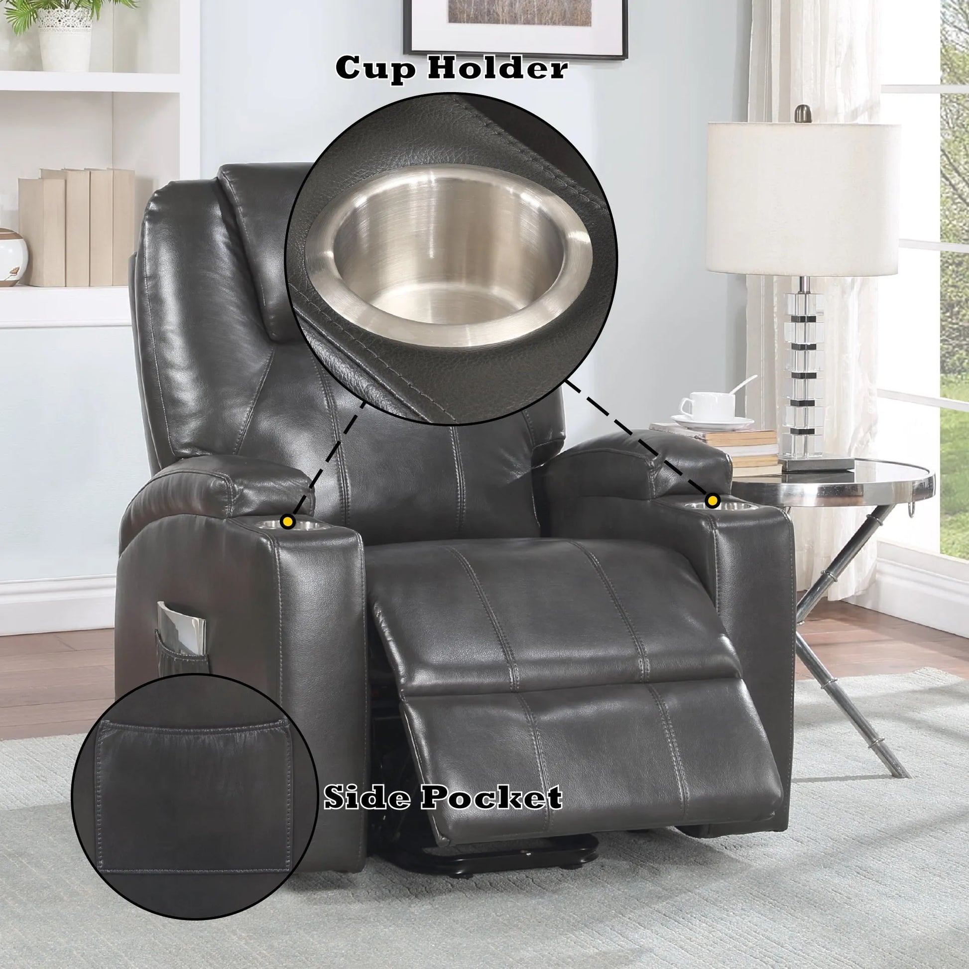 Black recliner chair with cup holder and side pocket highlighted in a living room setting.