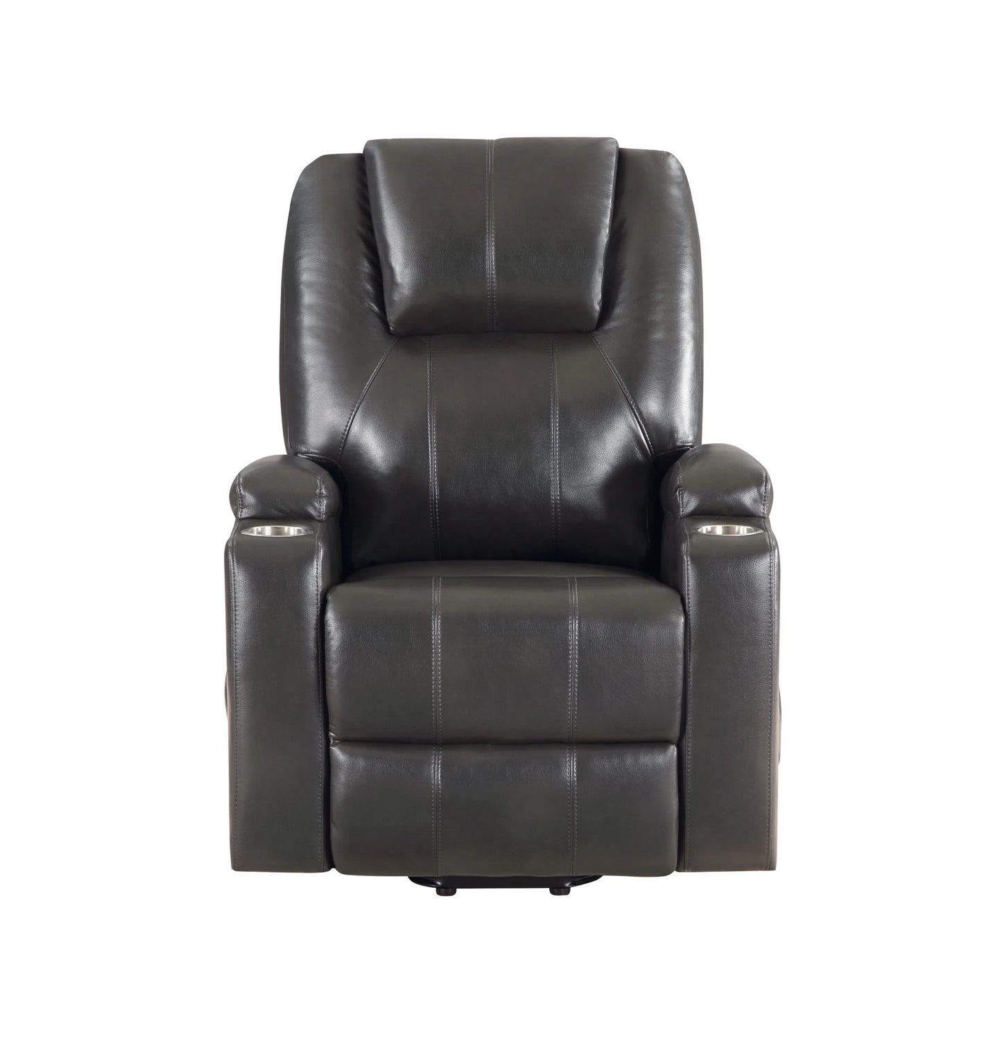 Front view of a black leather recliner chair on a white background