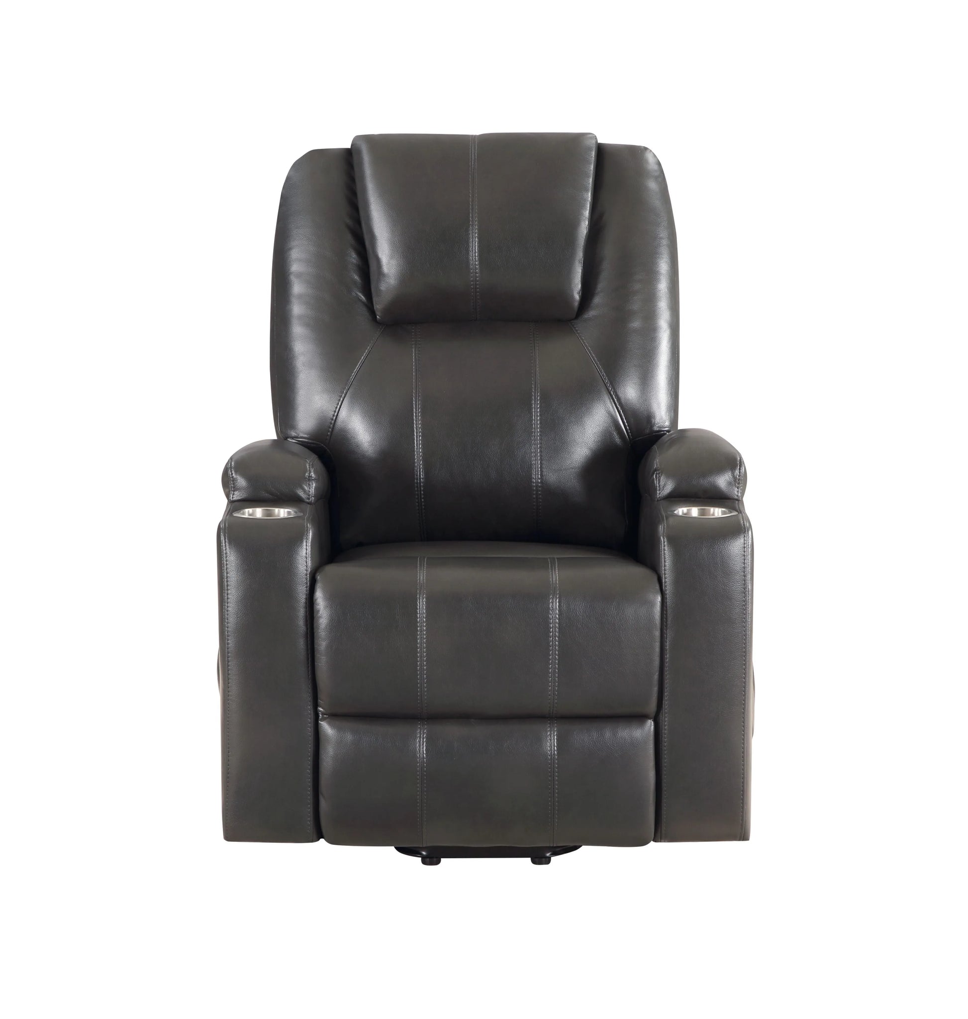 Front view of a black leather recliner chair on a white background