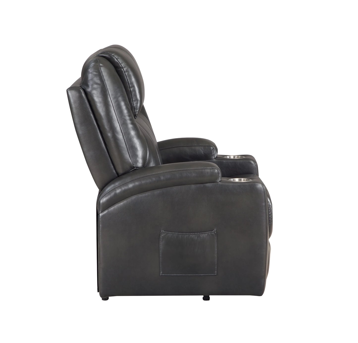 Side view of a black leather recliner chair on a white background