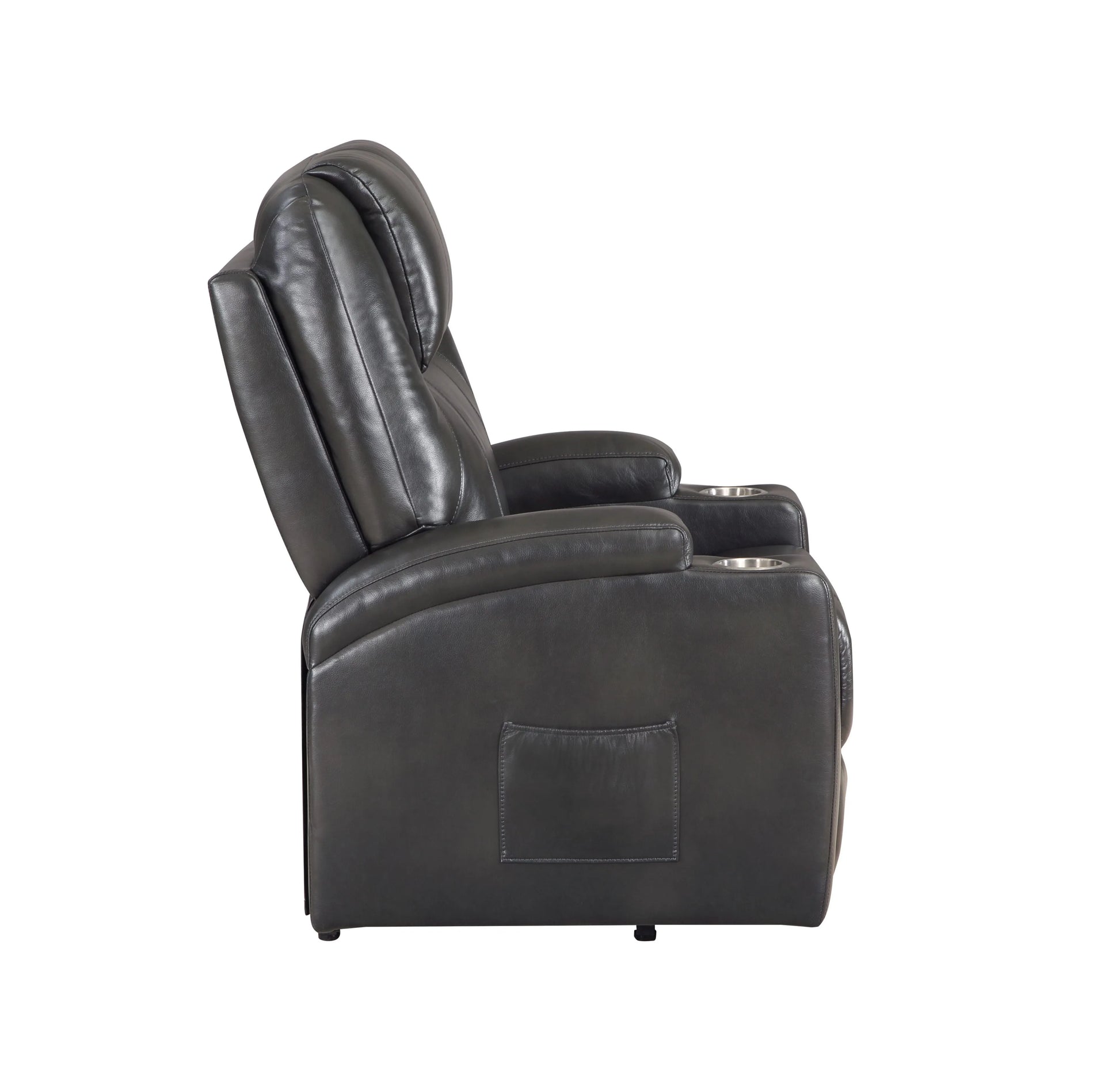 Side view of a black leather recliner chair on a white background
