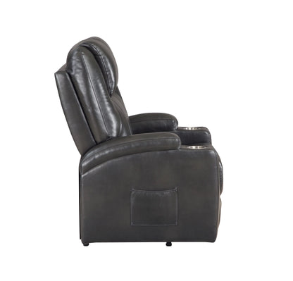 Side view of a black leather recliner chair on a white background