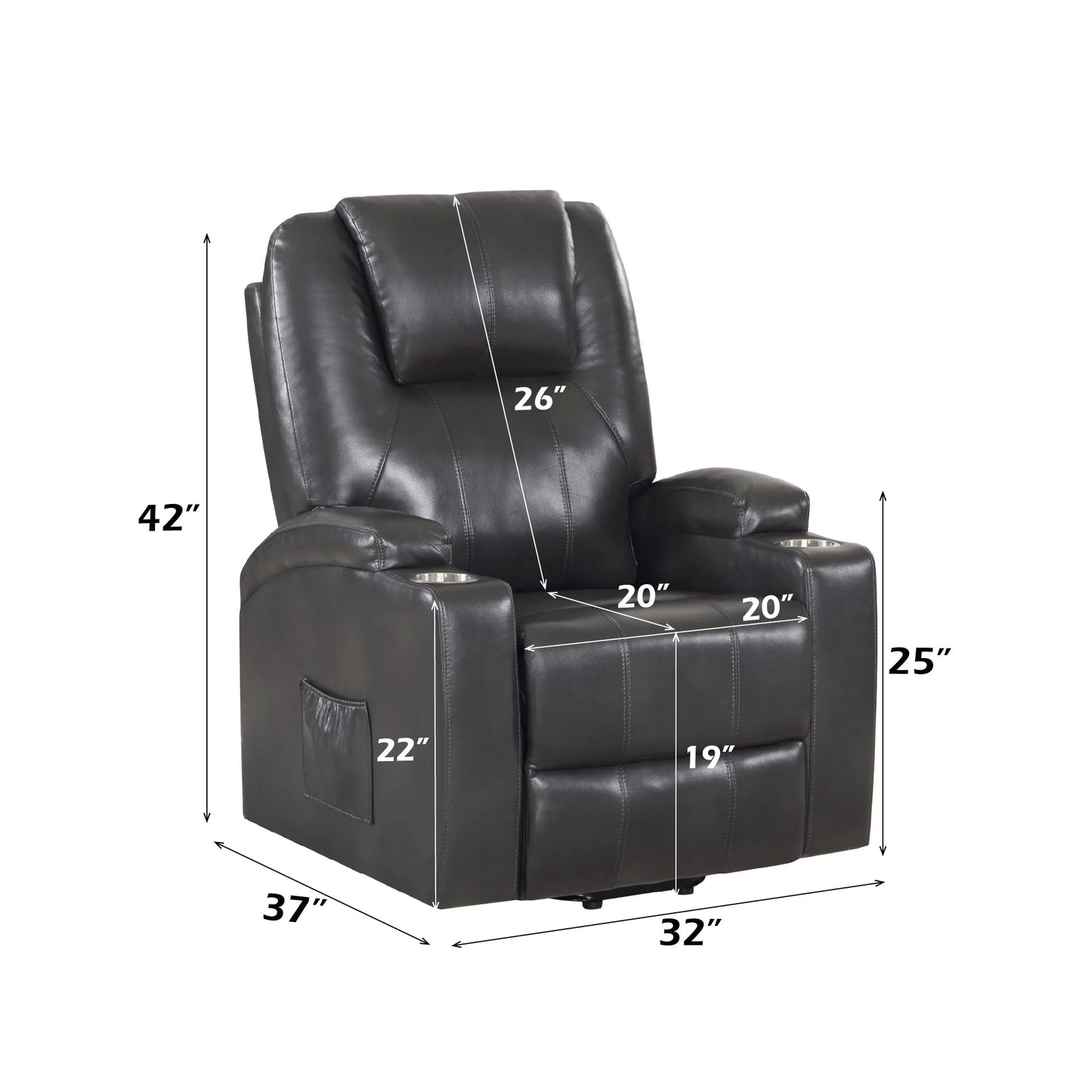 Black leather recliner chair with dimensions marked on a white background