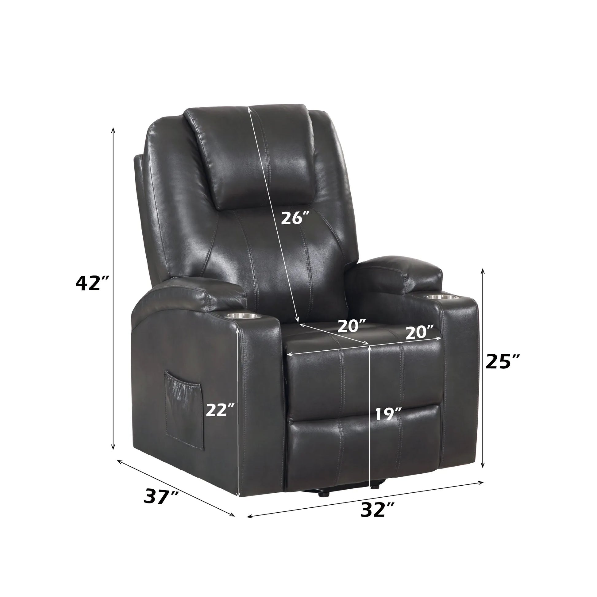Black leather recliner chair with dimensions marked on a white background