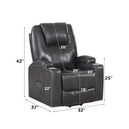 Black leather recliner chair with dimensions marked on a white background