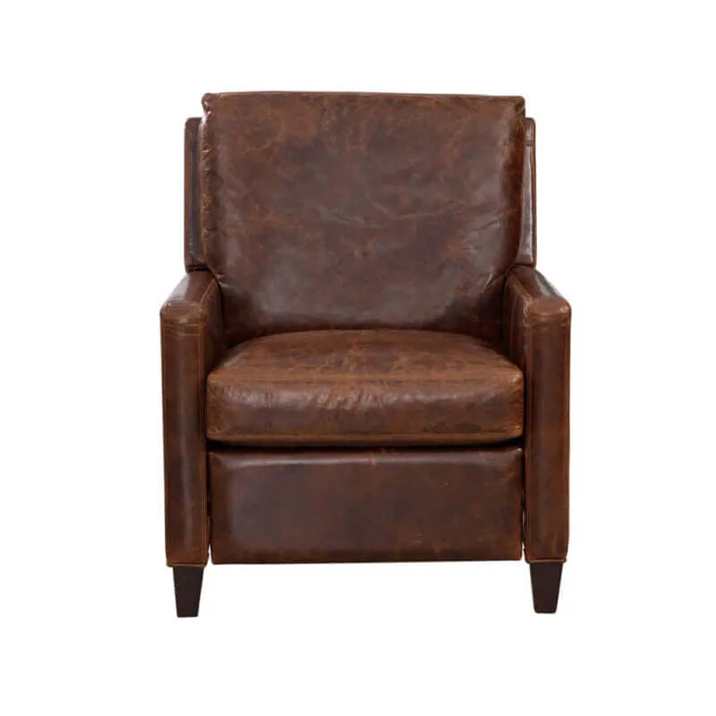 Front view of a brown leather recliner chair on a white background