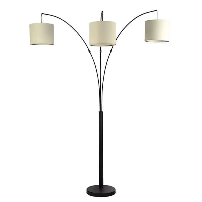 Arc floor lamp with three beige lampshades on a white background