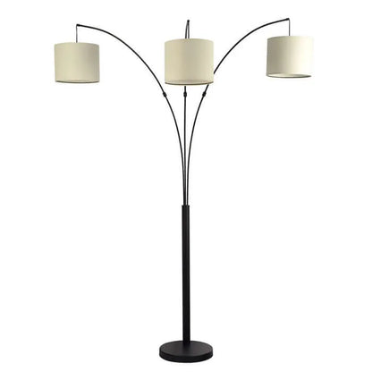 Arc floor lamp with three beige lampshades on a white background