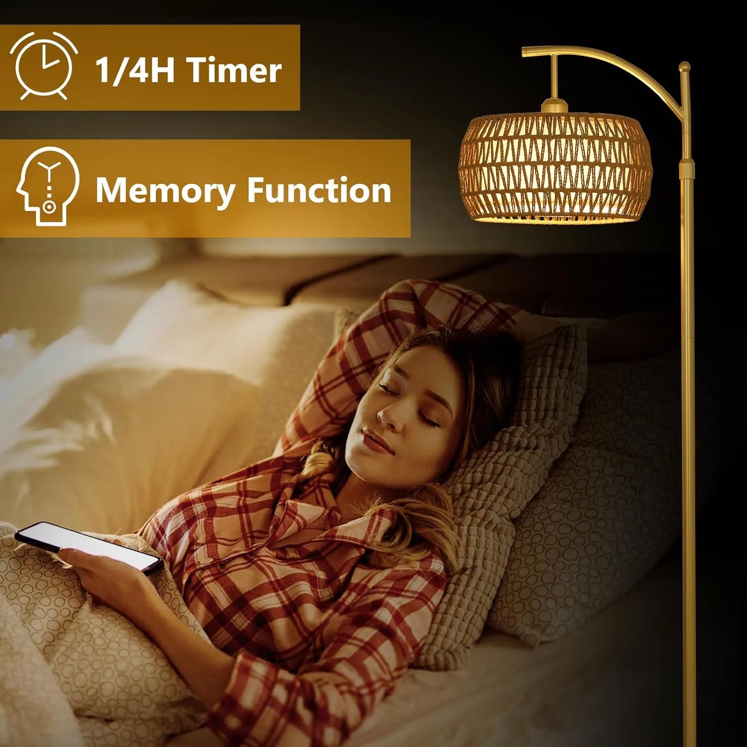 Woman lying in bed using a smartphone with a lamp and text about timer and memory function.