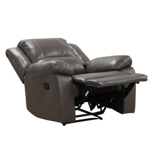Gray faux leather recliner chair in full reclining position on a white background