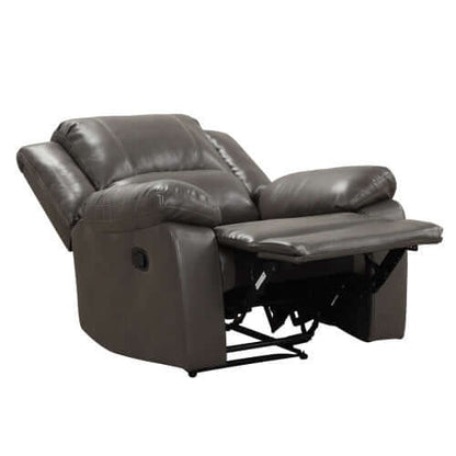Gray faux leather recliner chair in full reclining position on a white background