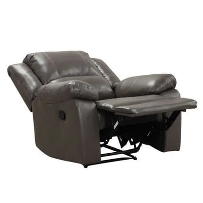 Gray faux leather recliner chair in full reclining position on a white background