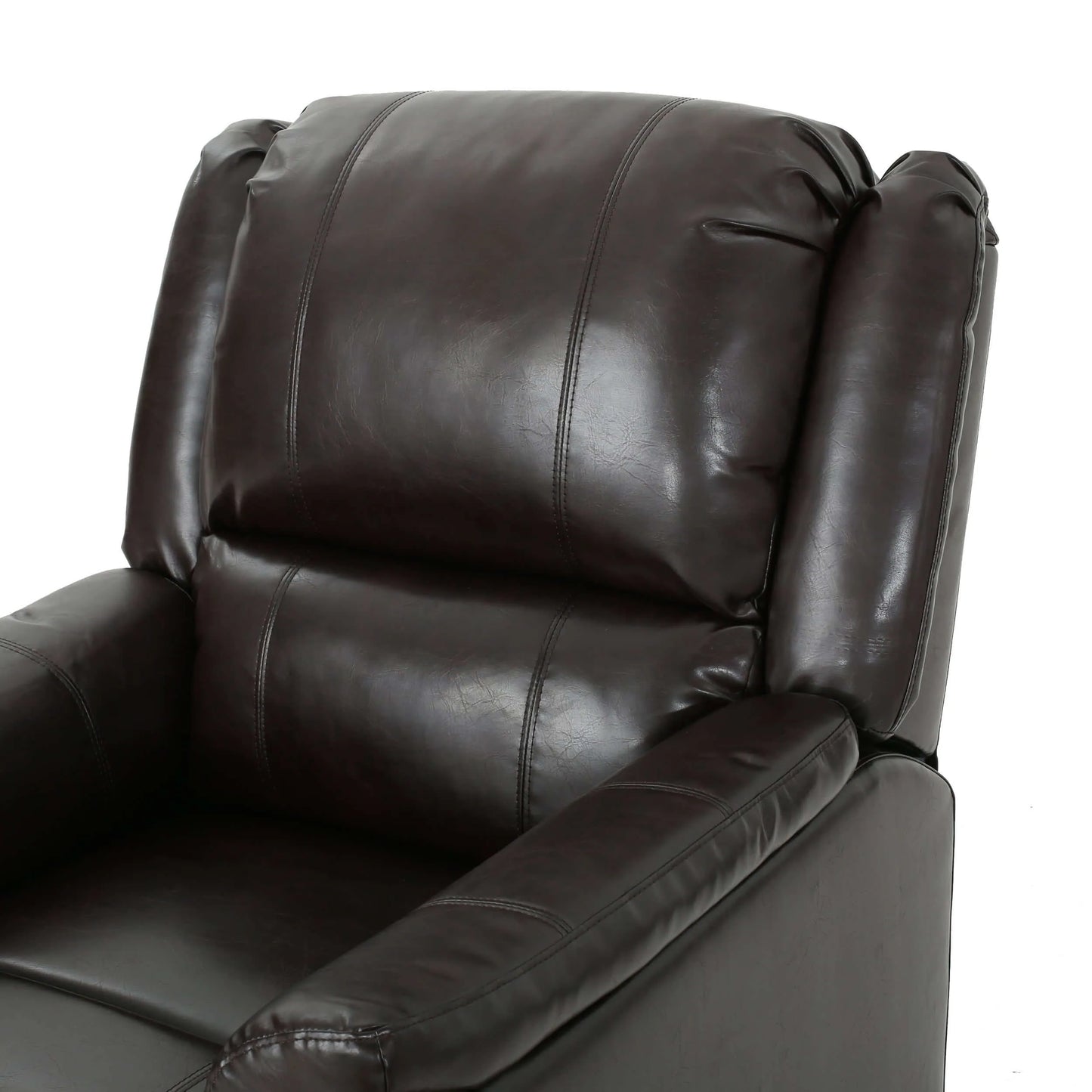 Close-up of a brown faux leather recliner chair on a white background