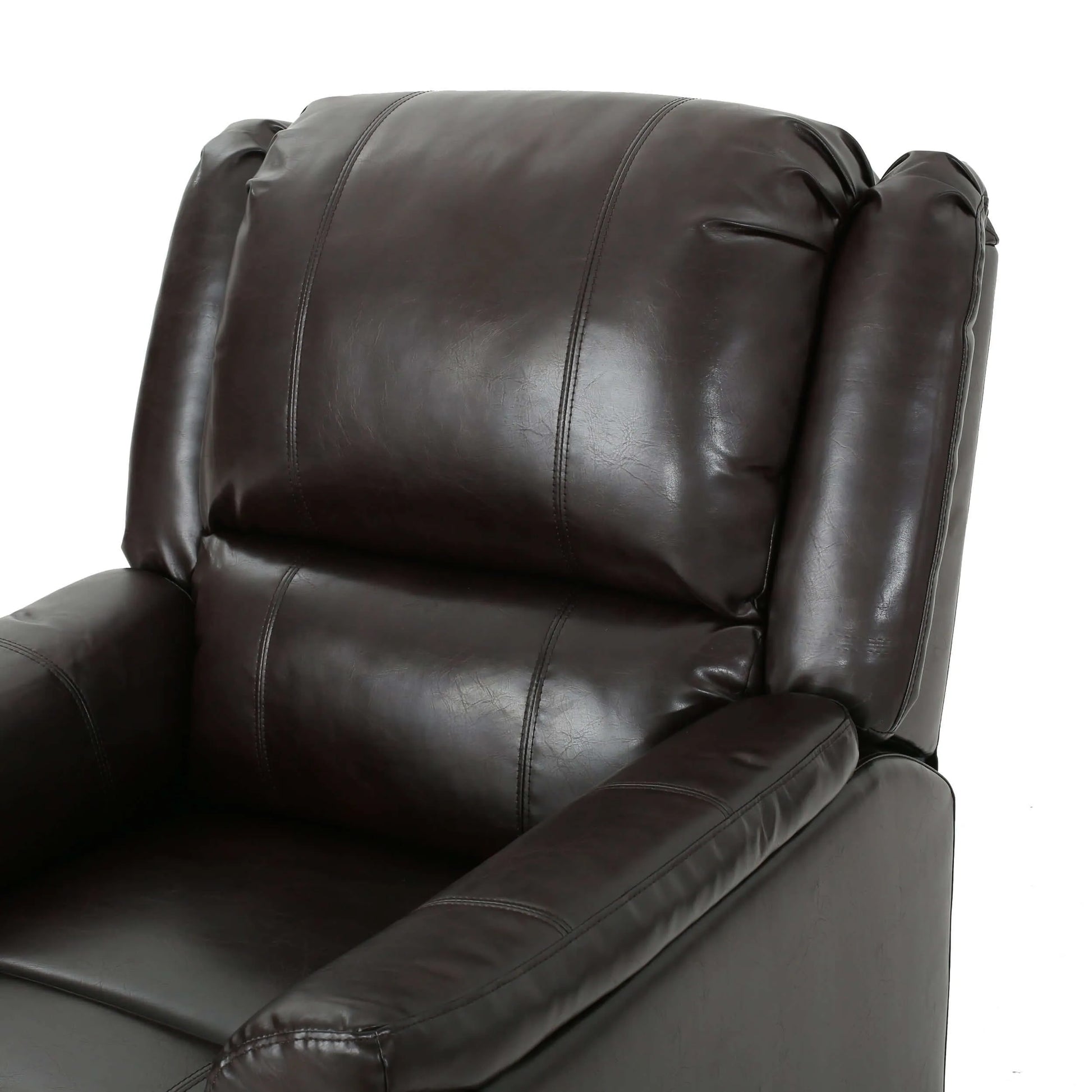 Close-up of a brown faux leather recliner chair on a white background