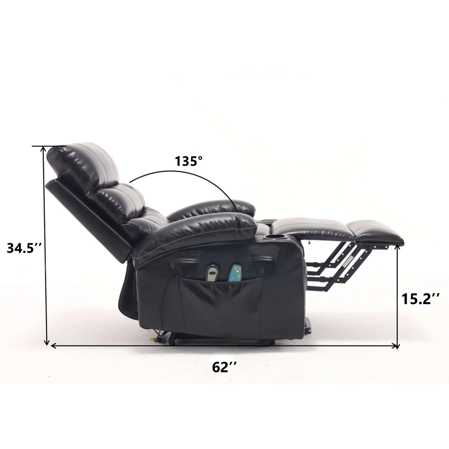 Black faux leather power lift recliner chair in reclining position with dimensions labeled on a white background