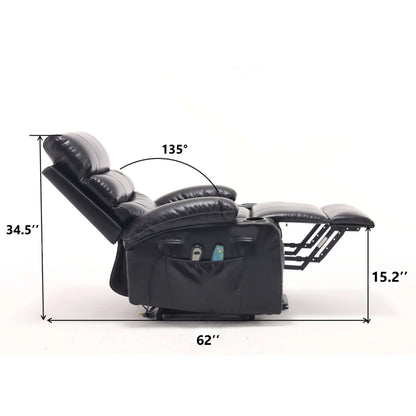 Black faux leather power lift recliner chair in reclining position with dimensions labeled on a white background