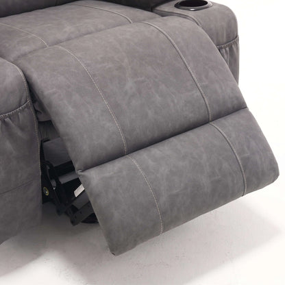 Close up of a gray faux leather power lift recliner chair footrest with detailed  stitching on a white background