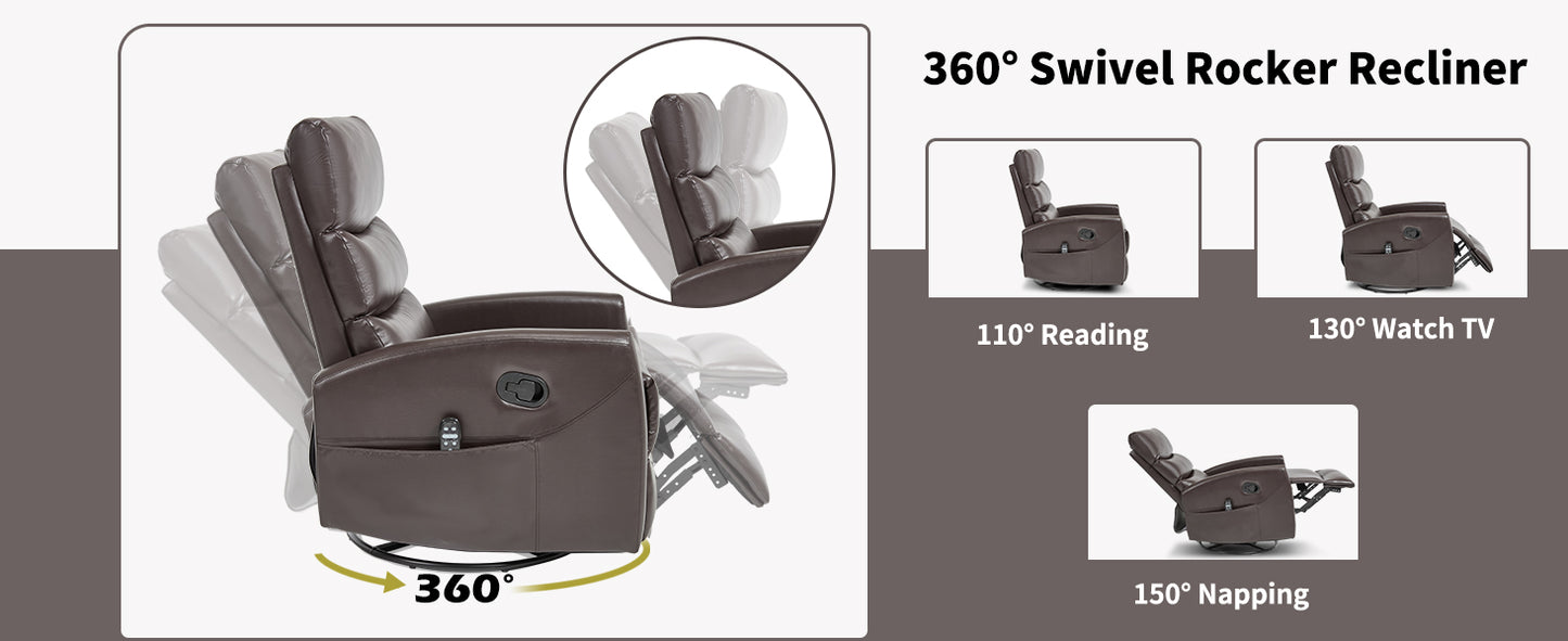 360° Swivel Rocker Recliner with various angles and activities shown
