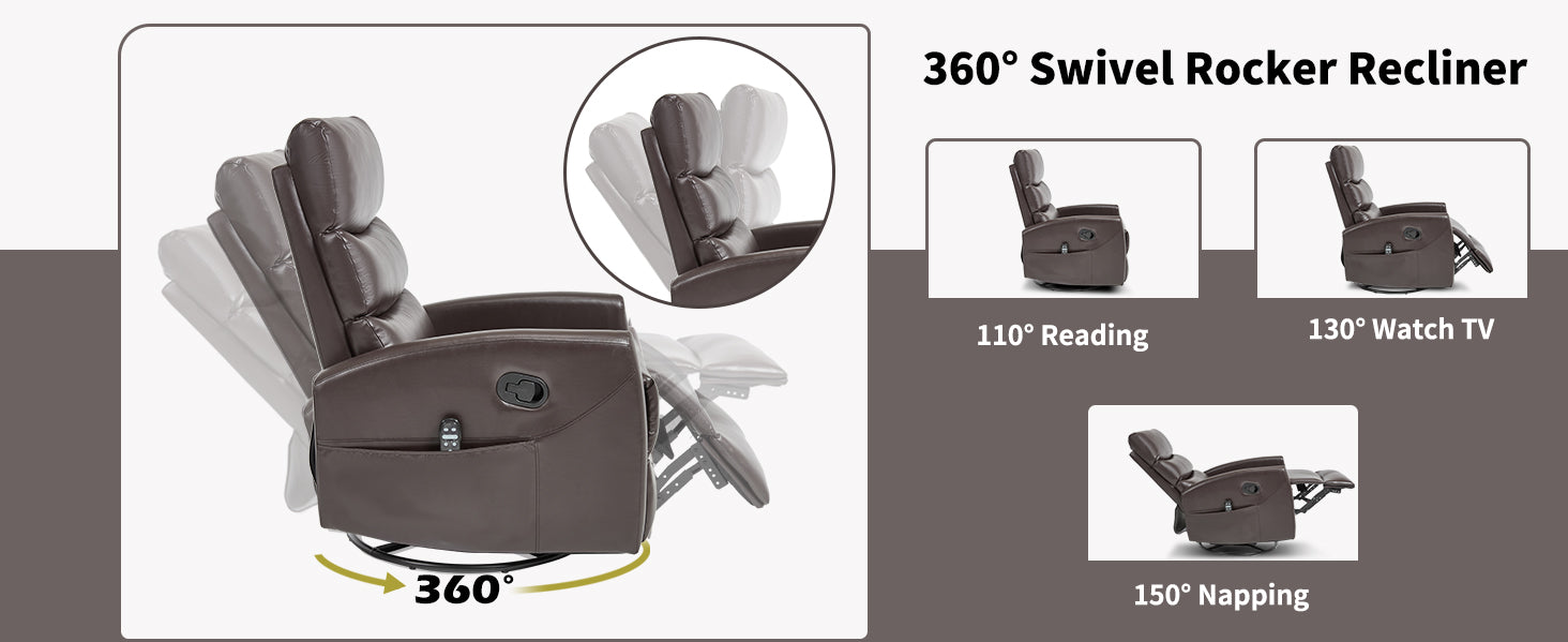 360° Swivel Rocker Recliner with various angles and activities shown