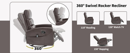 360° Swivel Rocker Recliner with various angles and activities shown