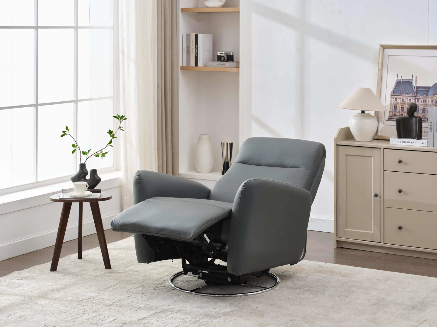 Power Swivel Glider Recliner-Dark Gray - Reclined view in room