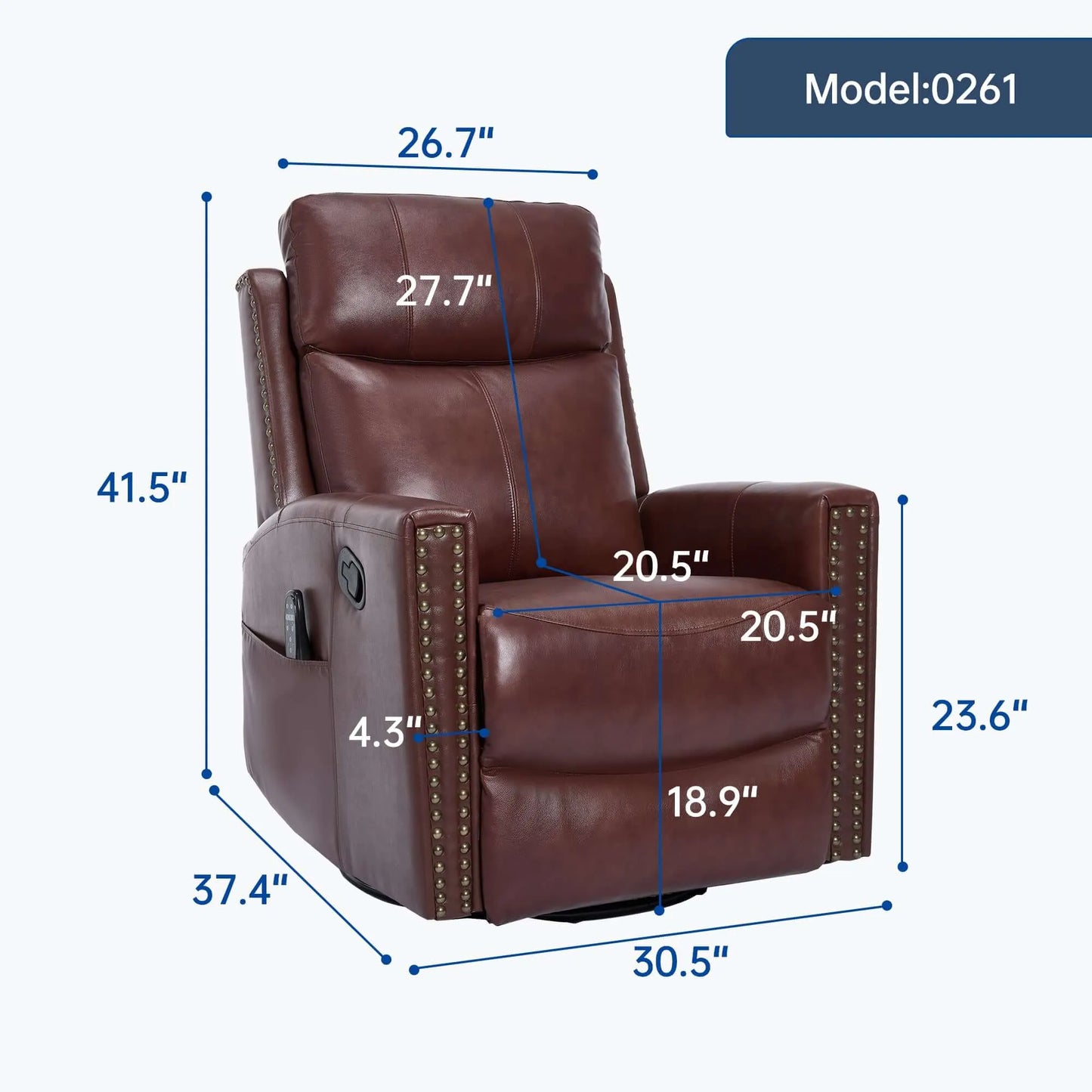 Brown leather recliner chair with dimensions labeled on a white background