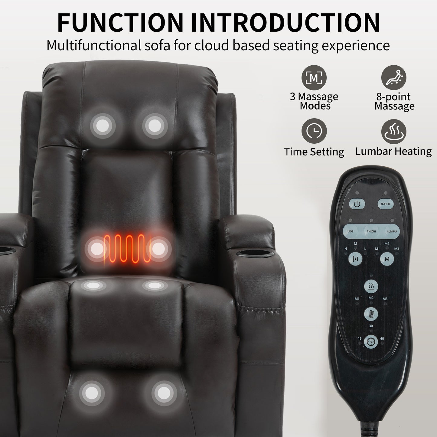 350 LB Power Lift Recliner w/ Massage, Heat, USB & Cup Holders-Brown