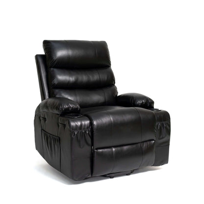 Front angle view of a black faux leather power lift recliner chair on a white background