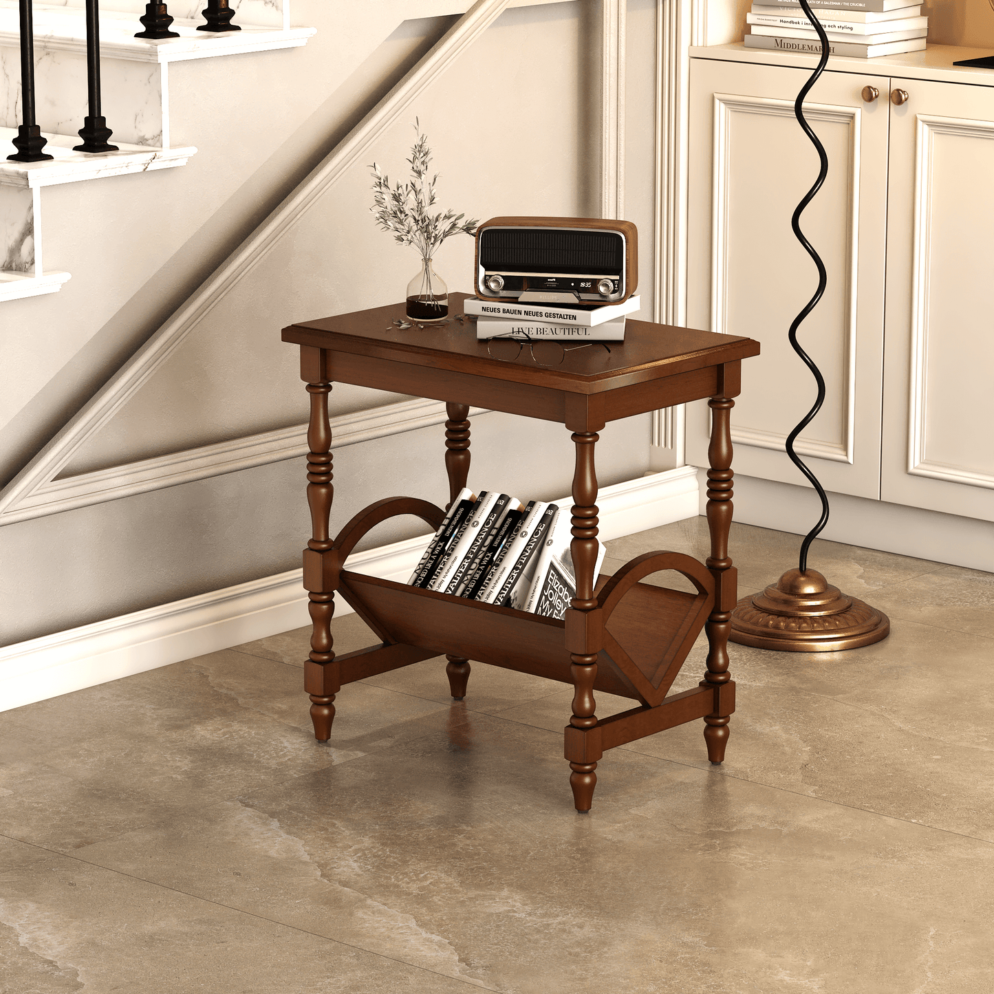 Wooden side table with a magazine rack, books and a plant in a home setting