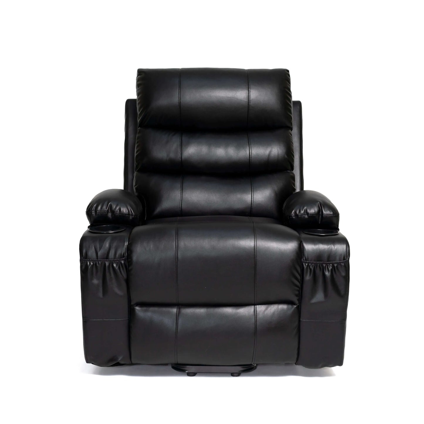 Black faux leather power lift recliner with wide seat, padded arms, and sleek silhouette—built for comfort, support, and modern style on a white background