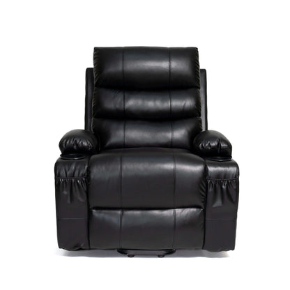 Black faux leather power lift recliner with wide seat, padded arms, and sleek silhouette—built for comfort, support, and modern style on a white background