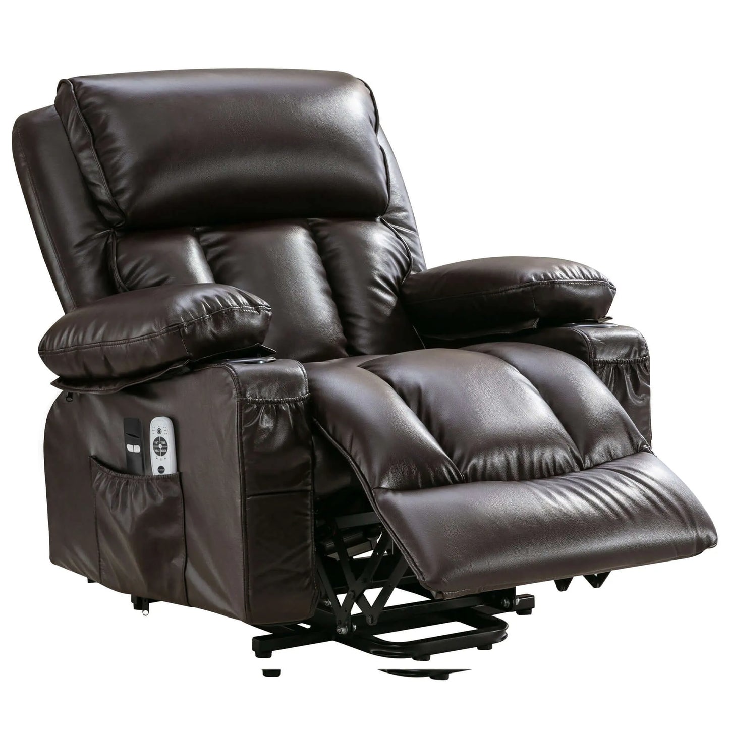 Brown leather recliner chair with footrest extended and a remote control on a white background