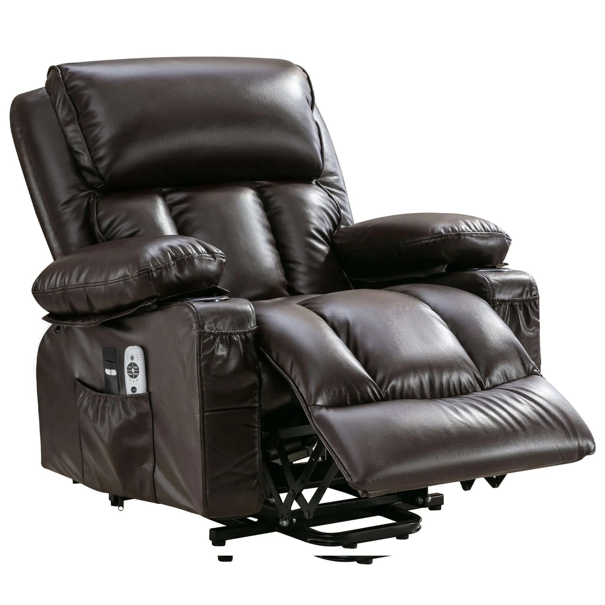 Brown leather recliner chair with footrest extended and a remote control on a white background