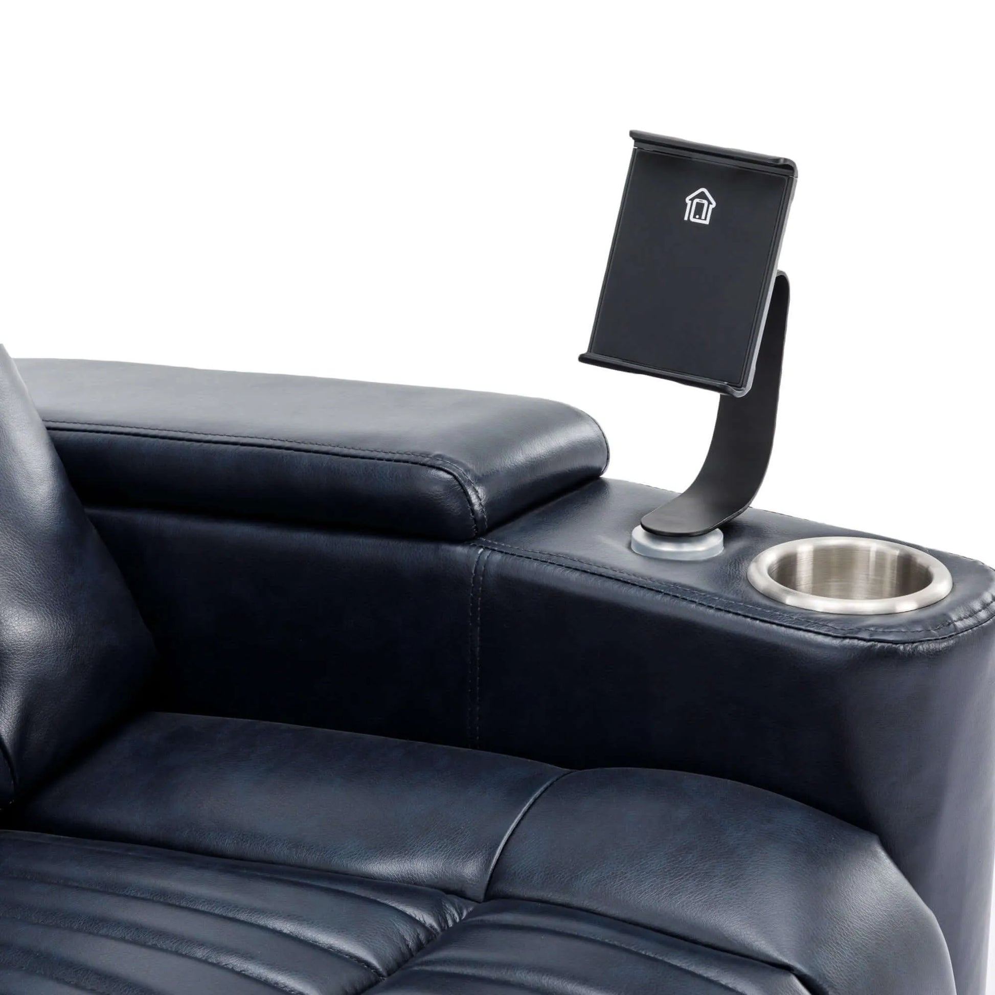 Black phone holder on a blue leather recliner chair with cup holder