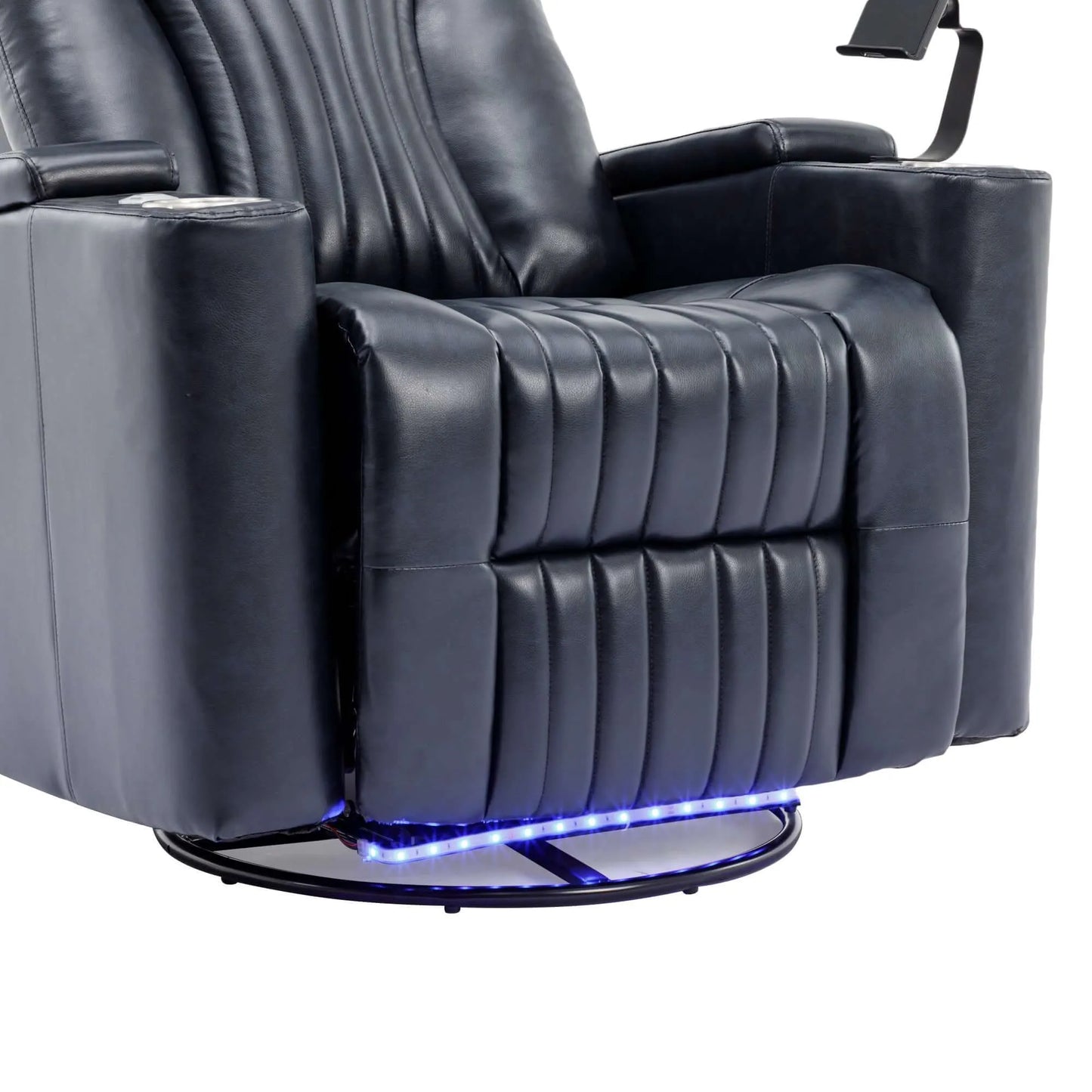 Blue leather recliner chair with LED lighting on a white background