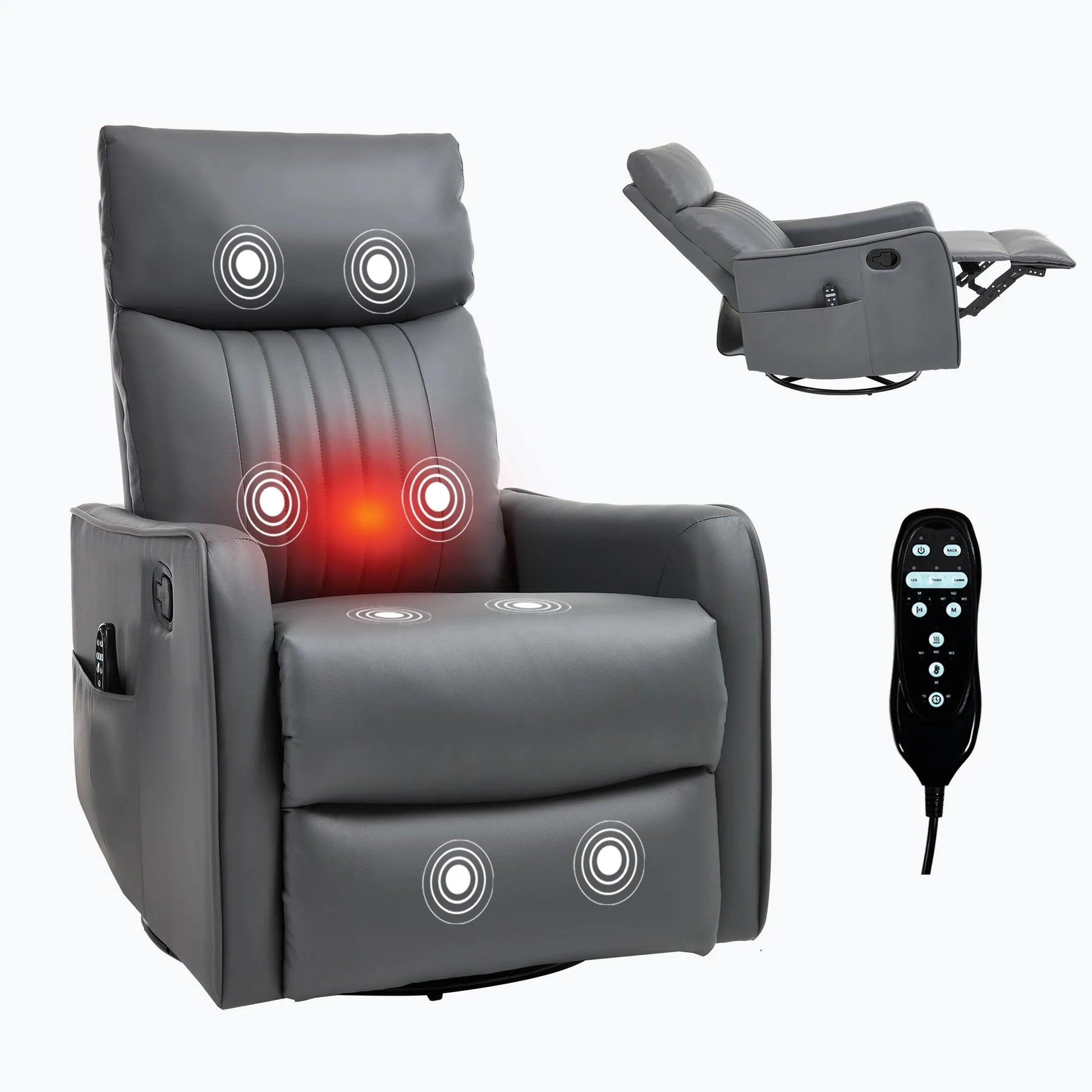 Gray massage recliner chair with massage points and remote control on a white background