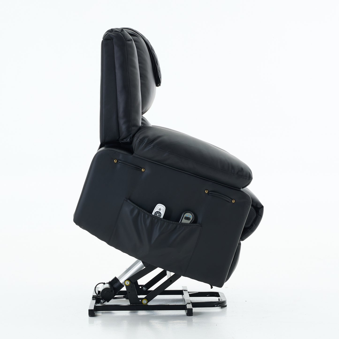 Side view of a black recliner chair showing lift mechanism on a white background