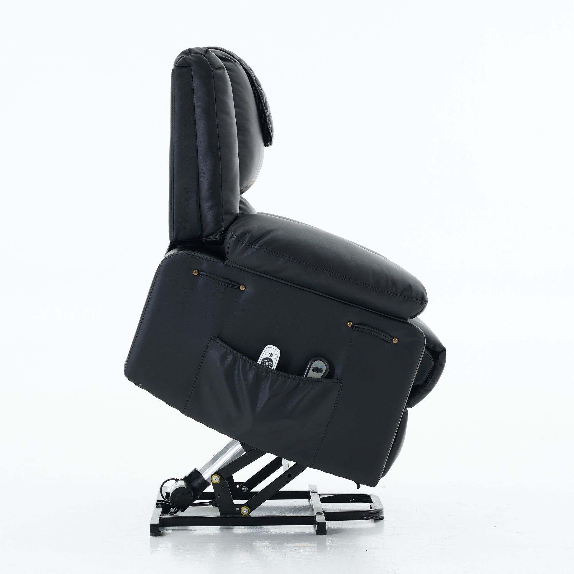 Side view of a black recliner chair showing lift mechanism on a white background
