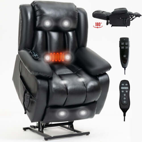 Leather Power Lift Recliner with Massage, Heat and Dual Motors-Black