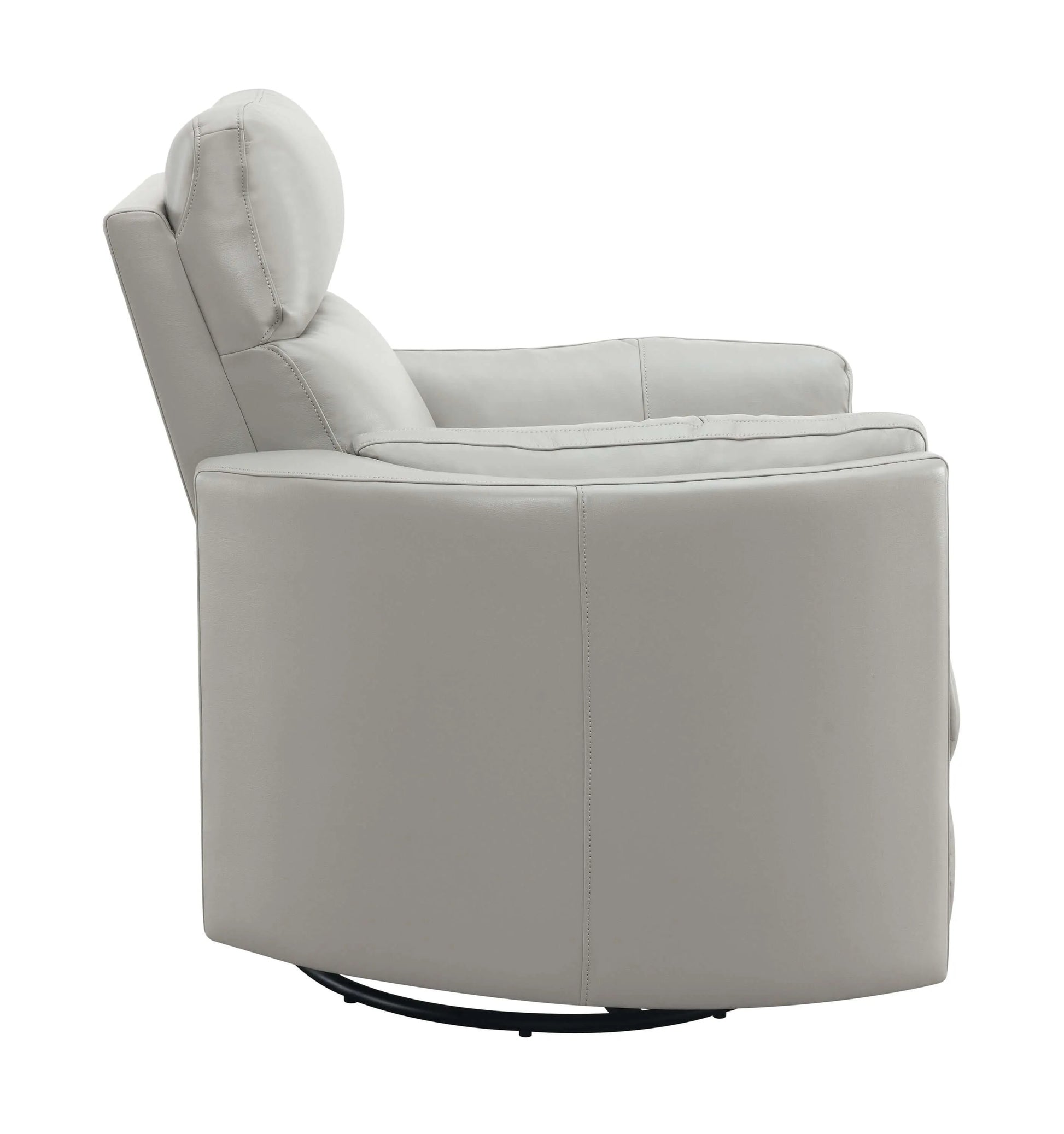 Side view of a Sagen Gray Faux Leather Glider Recliner with Swivel on a white background