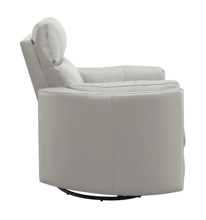 Side view of a Sagen Gray Faux Leather Glider Recliner with Swivel on a white background